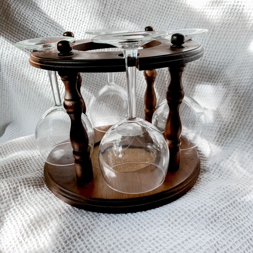 mid century wooden wine glass & wine holder